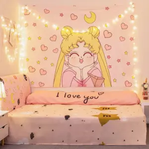 Anime Wandteppich Kawaii Rosa, Pink Tapestry für Mädchen Zimmer Deko Wandbehang, (NO LED) ,250090002102
