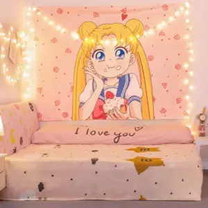 Anime Wandteppich Kawaii Rosa, Pink Tapestry für Mädchen Zimmer Deko Wandbehang,  (NO LED) 250090002104