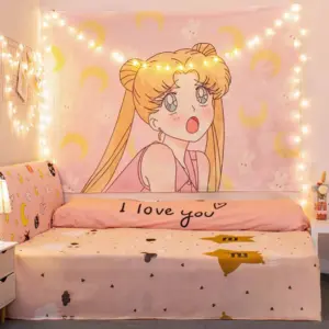Anime Wandteppich Kawaii Rosa, Pink Tapestry für Mädchen Zimmer Deko Wandbehang (NO LED) ,250090002101