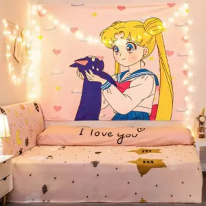 Anime Wandteppich Kawaii Rosa, Pink Tapestry für Mädchen Zimmer Deko Wandbehang,  (NO LED) 250090002105